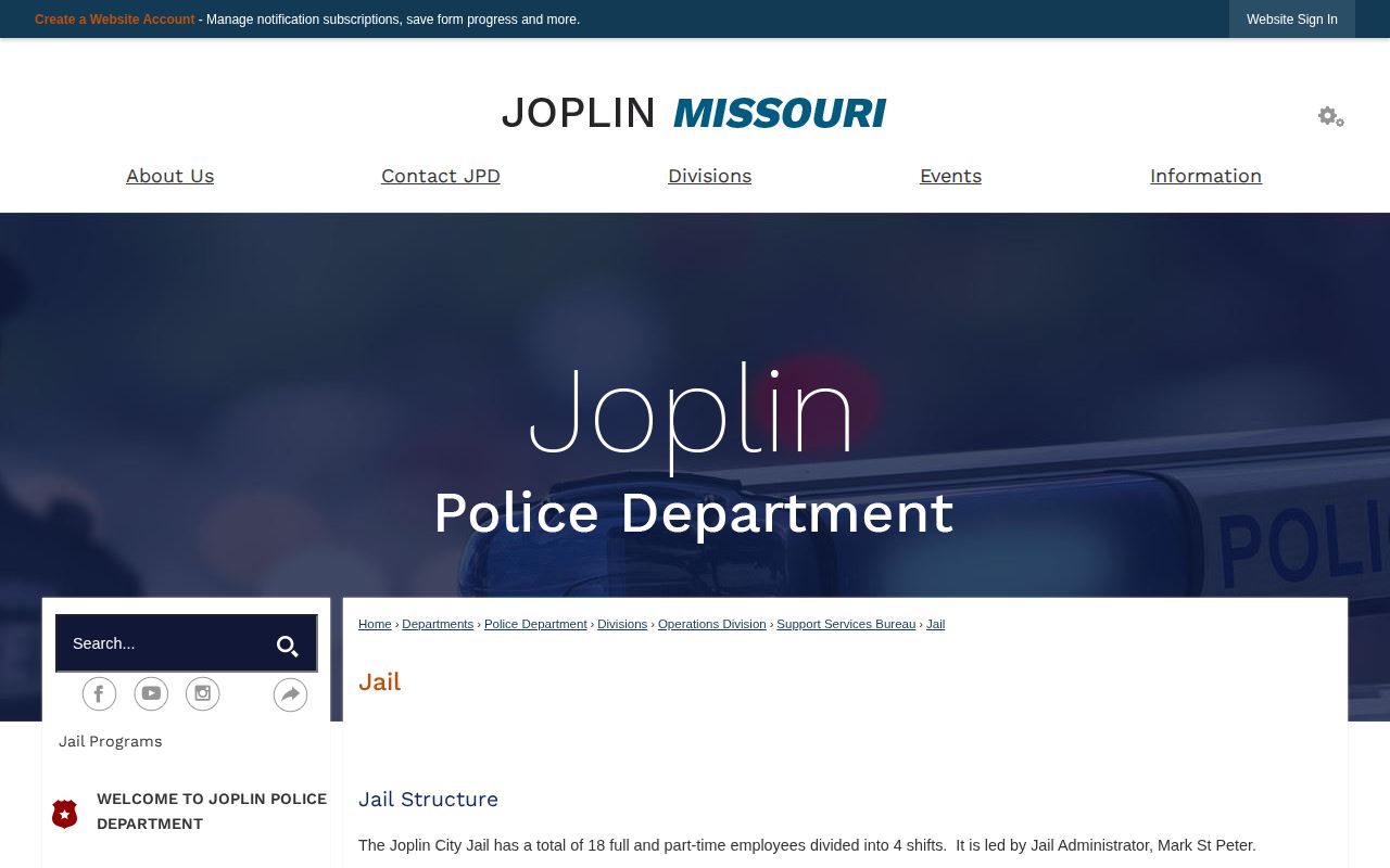 Official Joplin City Jail information page showing municipal jail details
