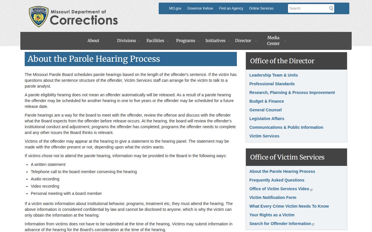 Missouri Department of Corrections parole hearing process page
